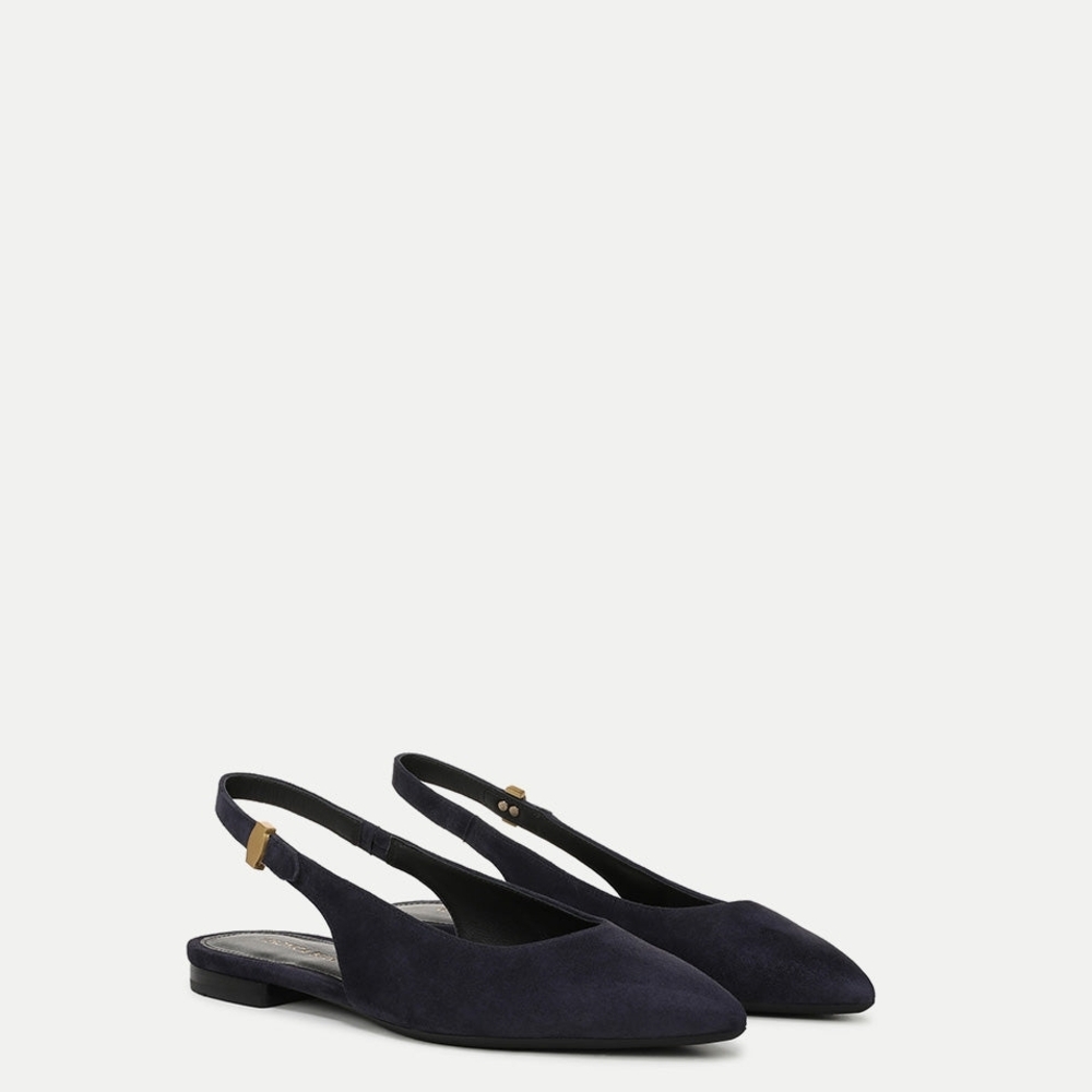 Veronica Beard Navy Suede Slingback Pointed-Toe Flats with Gold Buckle